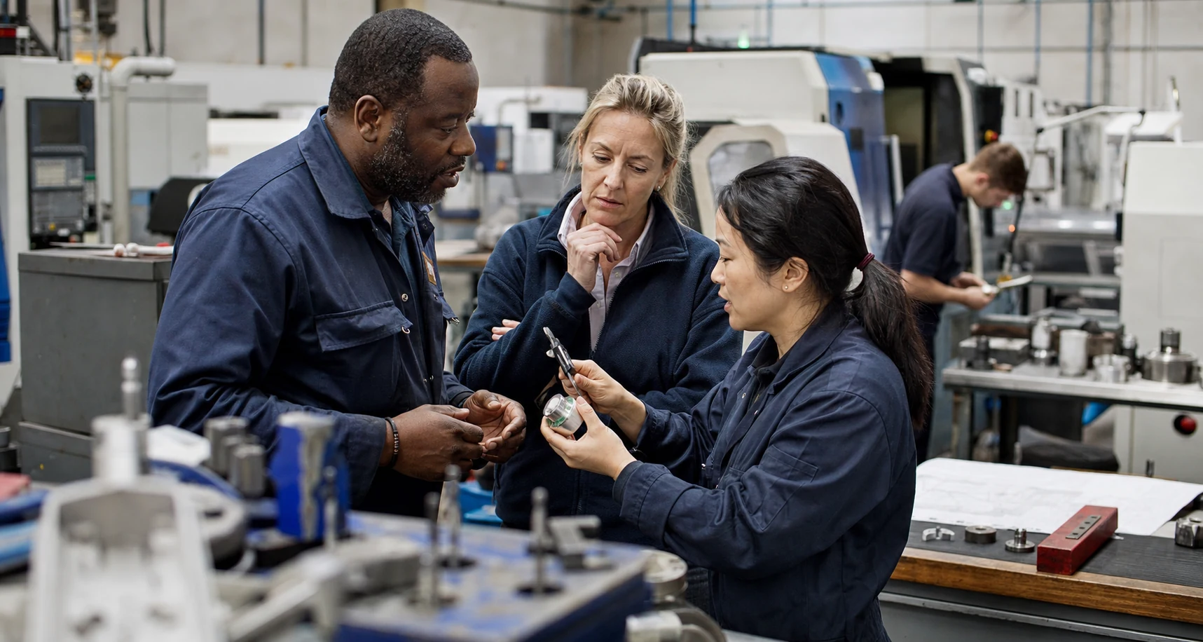 A diverse manufacturing leadership team reviewing production quality