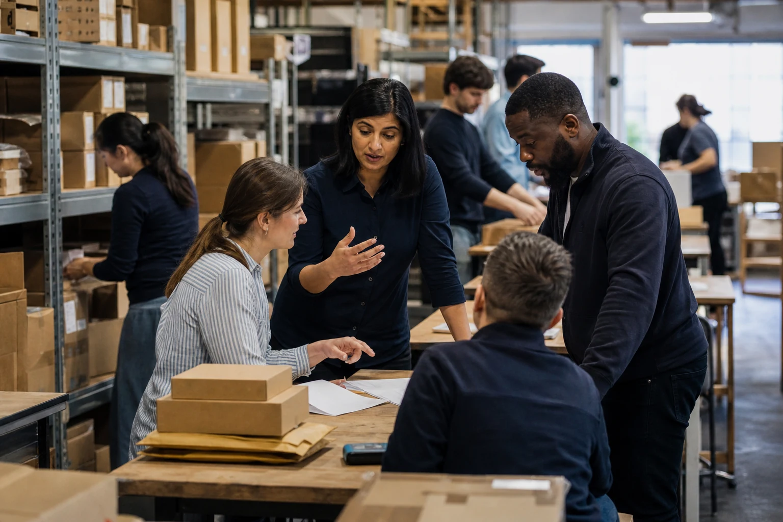 A diverse leadership team coordinating stock, orders and fulfilment